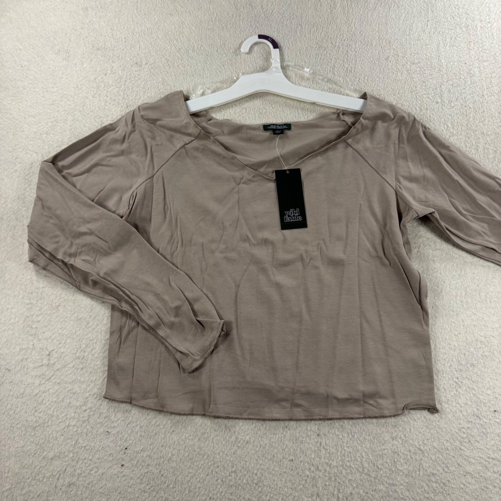 Wild Fable Long Sleeve Top Women XL Taupe NEW V-Neck Raglan Raw Hem Basic
